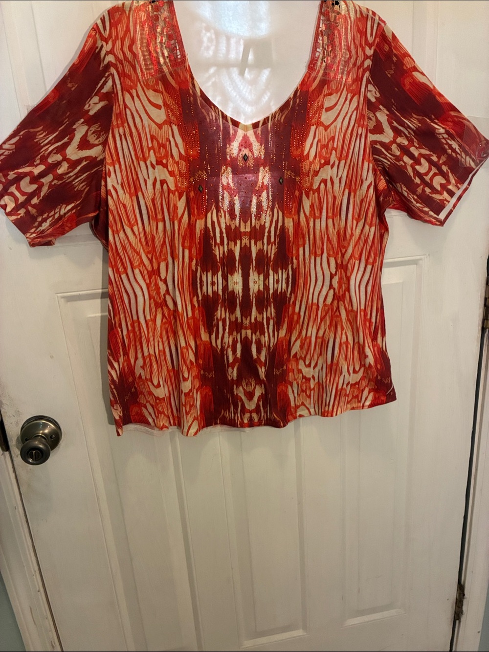 new directions Red and Cream Patterned V-Neck Tunic Top
